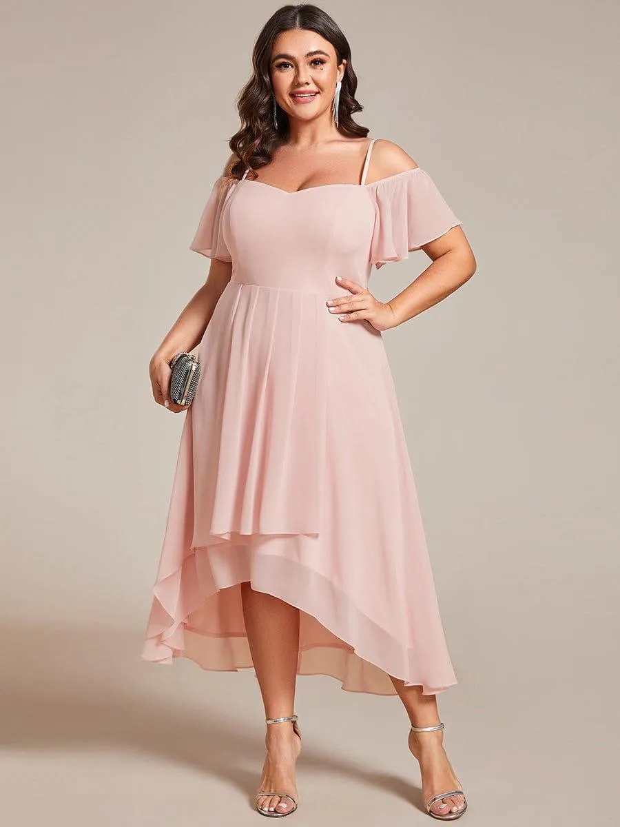 Robes d'invitées de mariage en mousseline de soie  grande taille  épaules dénudées  hautes et basses manches courtes