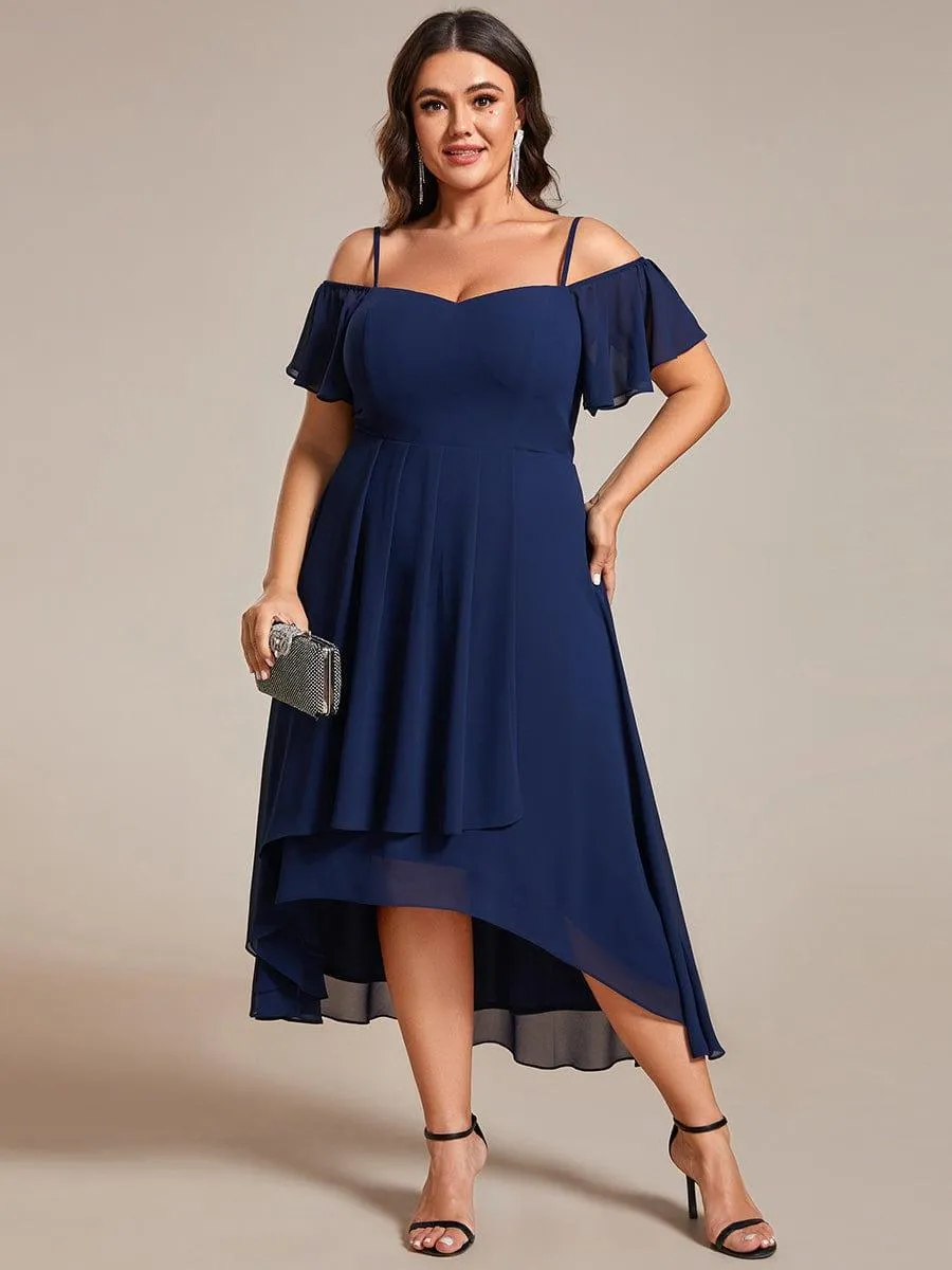 Robes d'invitées de mariage en mousseline de soie  grande taille  épaules dénudées  hautes et basses manches courtes