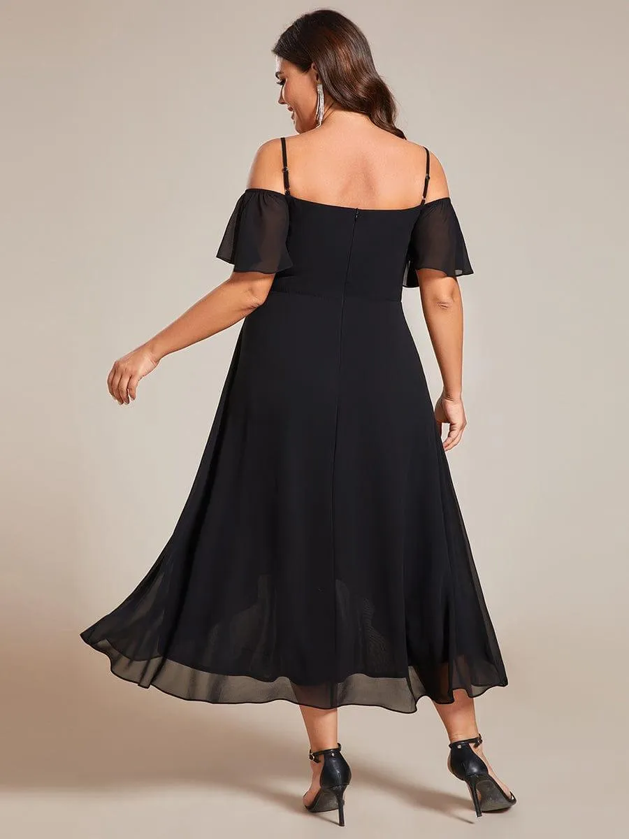 Robes d'invitées de mariage en mousseline de soie  grande taille  épaules dénudées  hautes et basses manches courtes