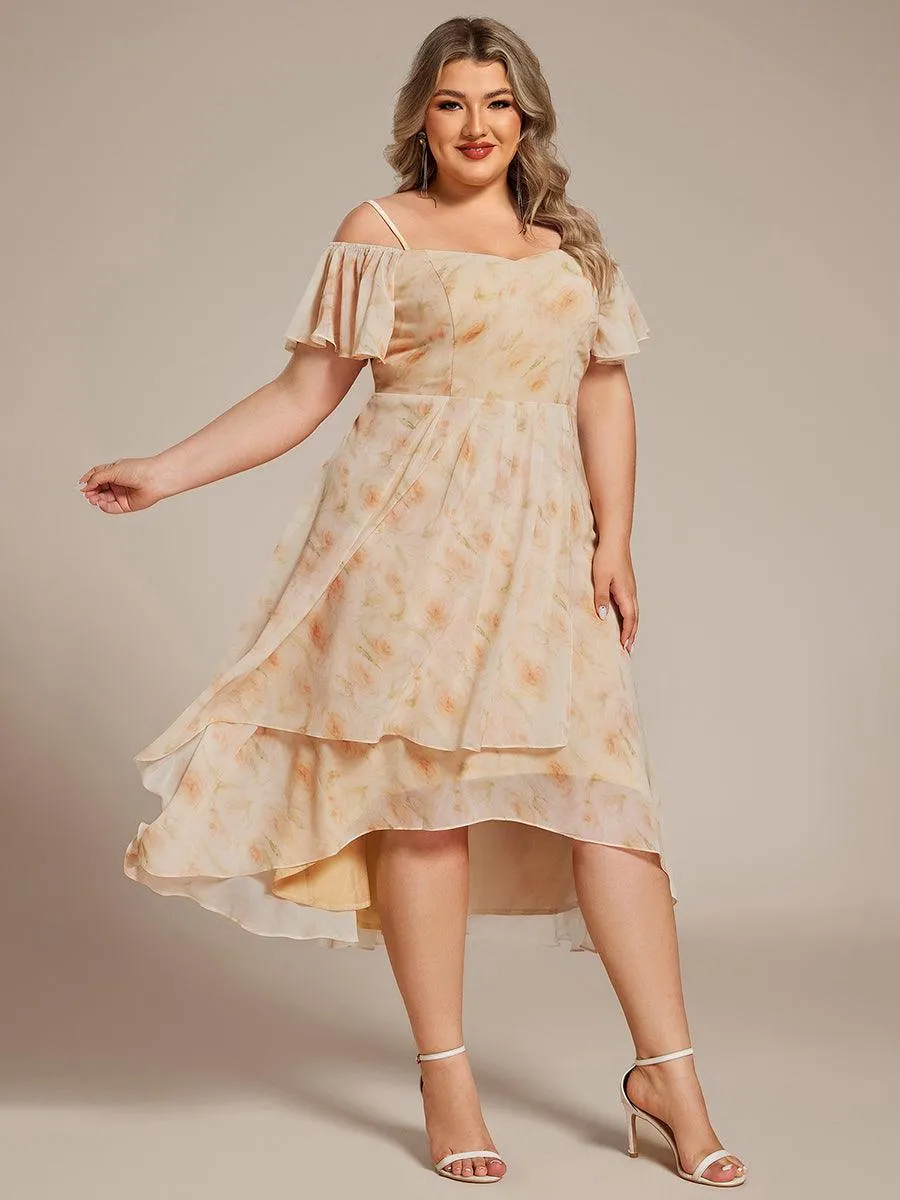 Robes d'invitées de mariage en mousseline de soie  grande taille  épaules dénudées  hautes et basses manches courtes