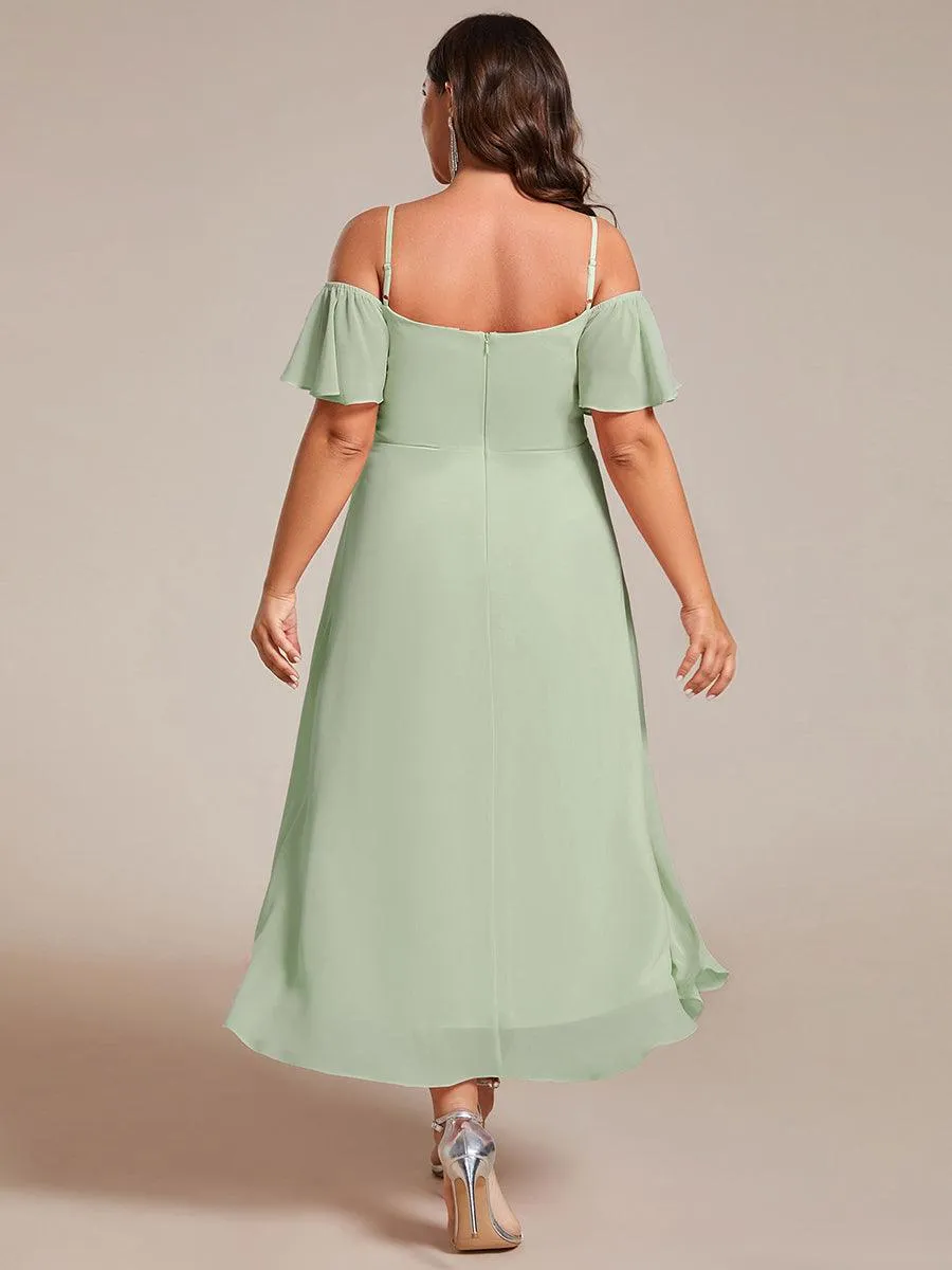 Robes d'invitées de mariage en mousseline de soie  grande taille  épaules dénudées  hautes et basses manches courtes