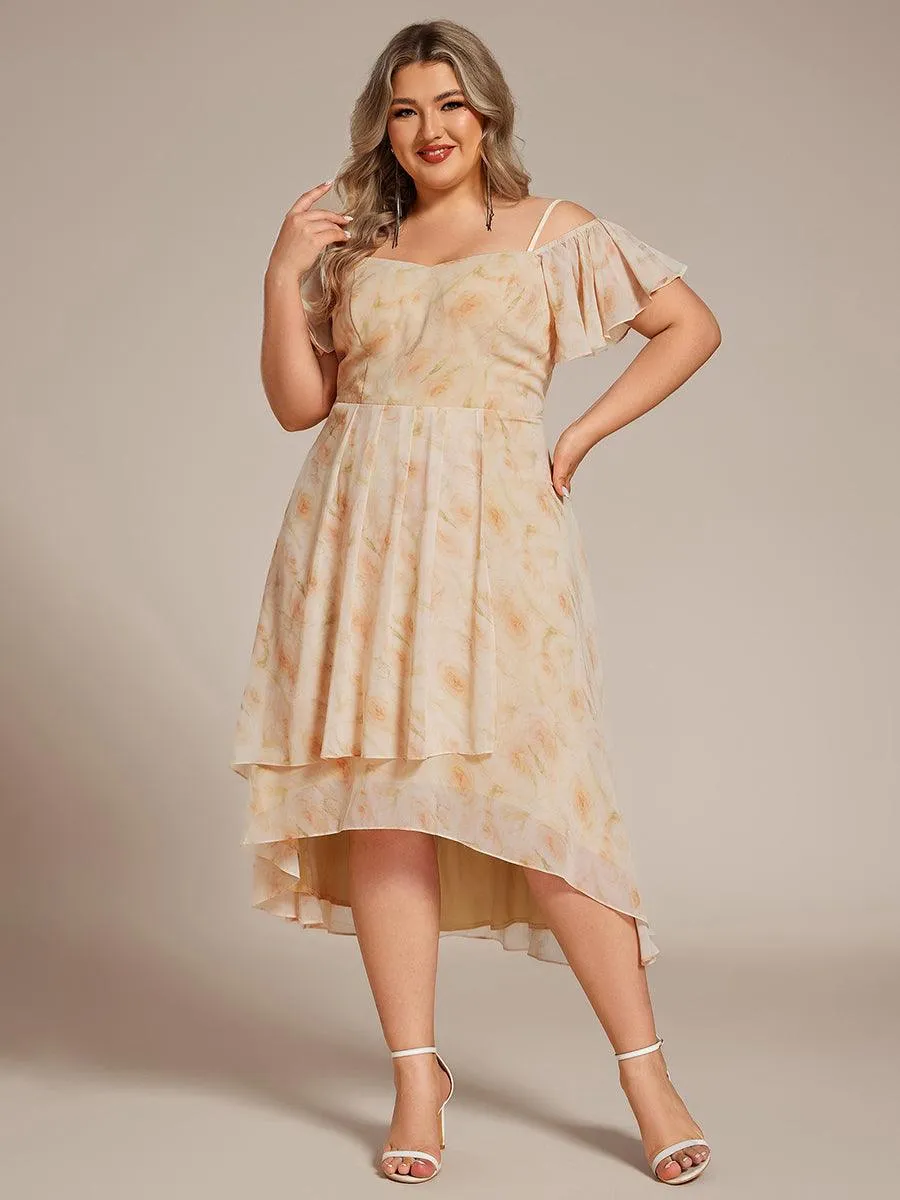 Robes d'invitées de mariage en mousseline de soie  grande taille  épaules dénudées  hautes et basses manches courtes