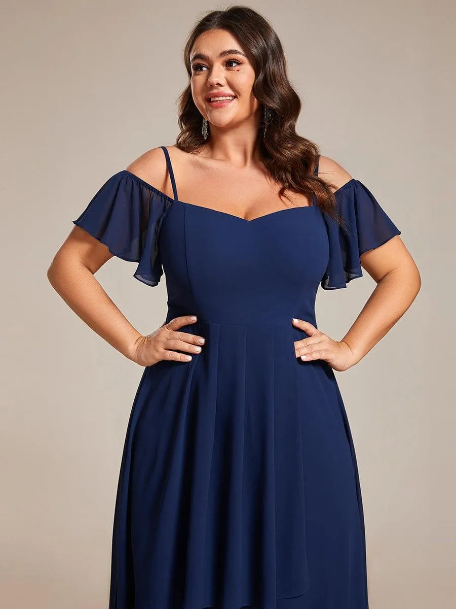 Robes d'invitées de mariage en mousseline de soie  grande taille  épaules dénudées  hautes et basses manches courtes