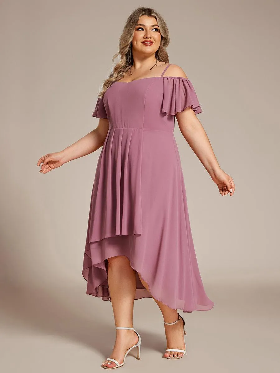 Robes d'invitées de mariage en mousseline de soie  grande taille  épaules dénudées  hautes et basses manches courtes