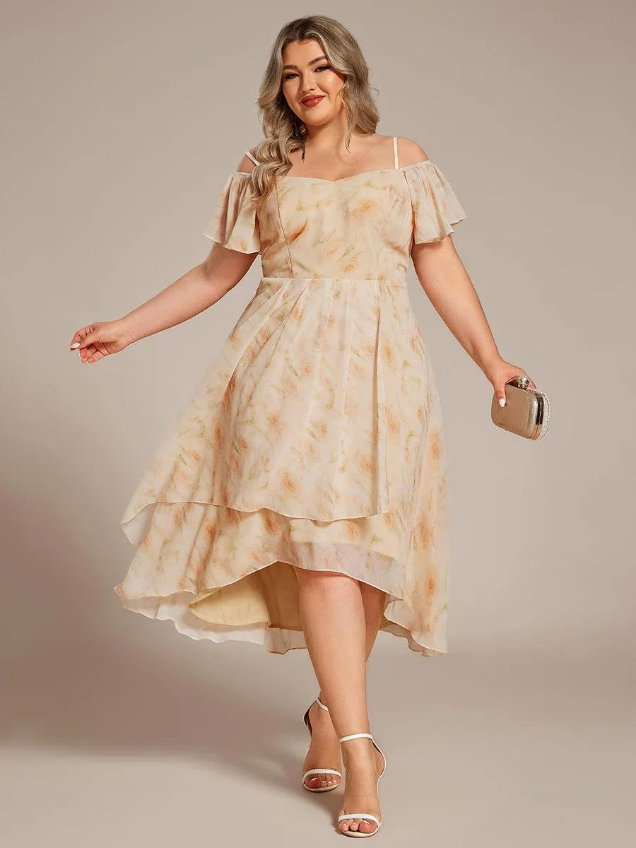 Robes d'invitées de mariage en mousseline de soie  grande taille  épaules dénudées  hautes et basses manches courtes