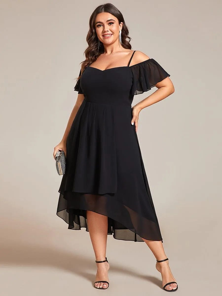 Robes d'invitées de mariage en mousseline de soie  grande taille  épaules dénudées  hautes et basses manches courtes