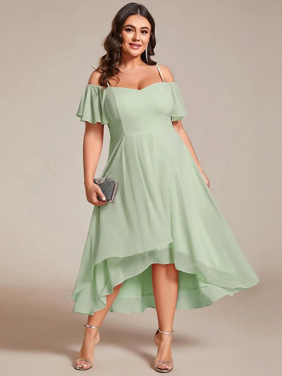Robes d'invitées de mariage en mousseline de soie  grande taille  épaules dénudées  hautes et basses manches courtes