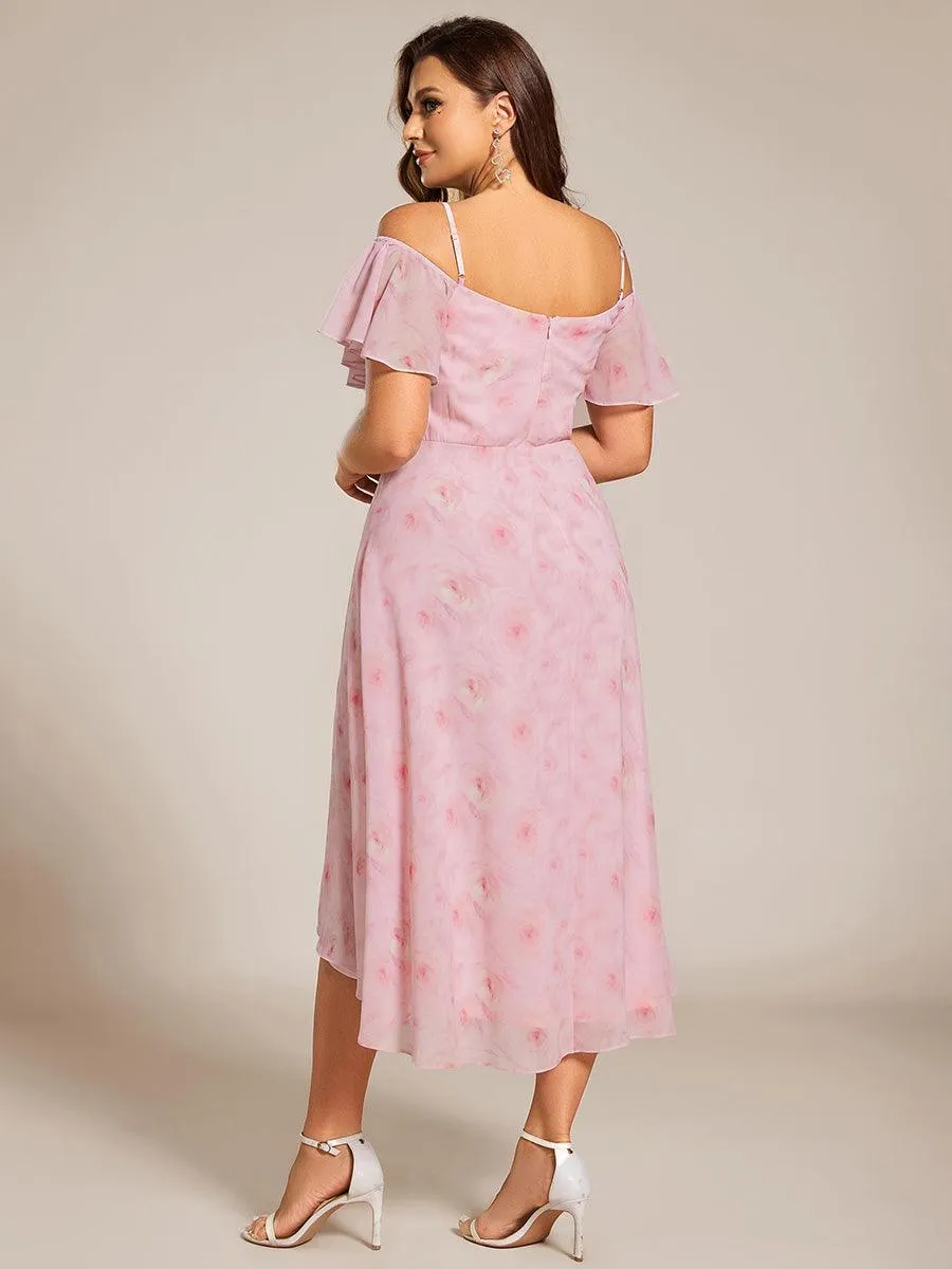 Robes d'invitées de mariage en mousseline de soie  grande taille  épaules dénudées  hautes et basses manches courtes