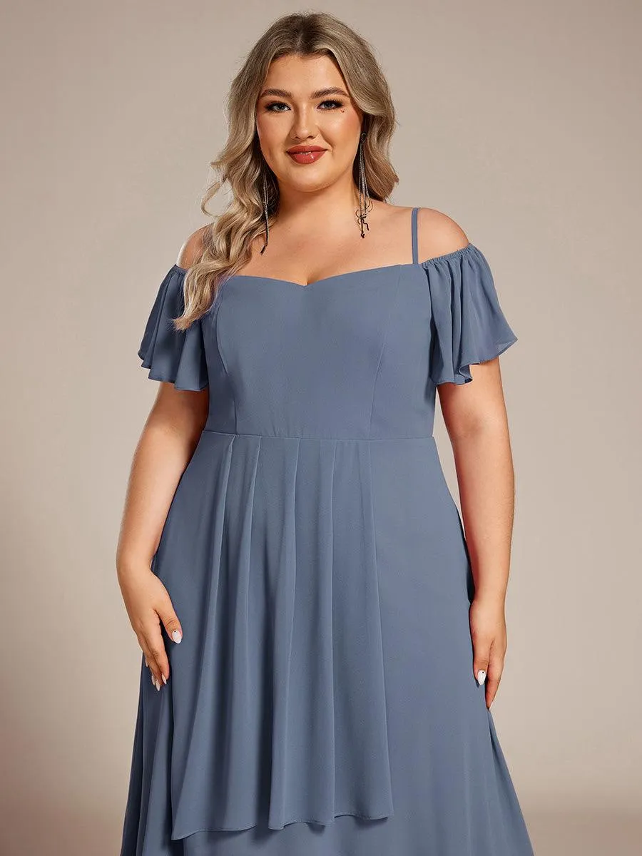 Robes d'invitées de mariage en mousseline de soie  grande taille  épaules dénudées  hautes et basses manches courtes