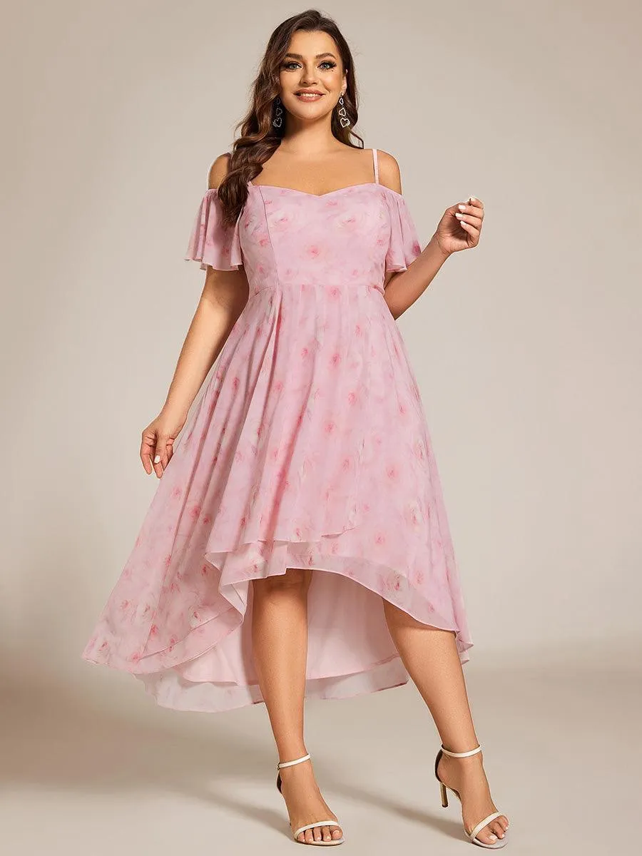 Robes d'invitées de mariage en mousseline de soie  grande taille  épaules dénudées  hautes et basses manches courtes