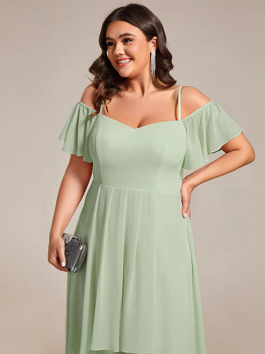Robes d'invitées de mariage en mousseline de soie  grande taille  épaules dénudées  hautes et basses manches courtes