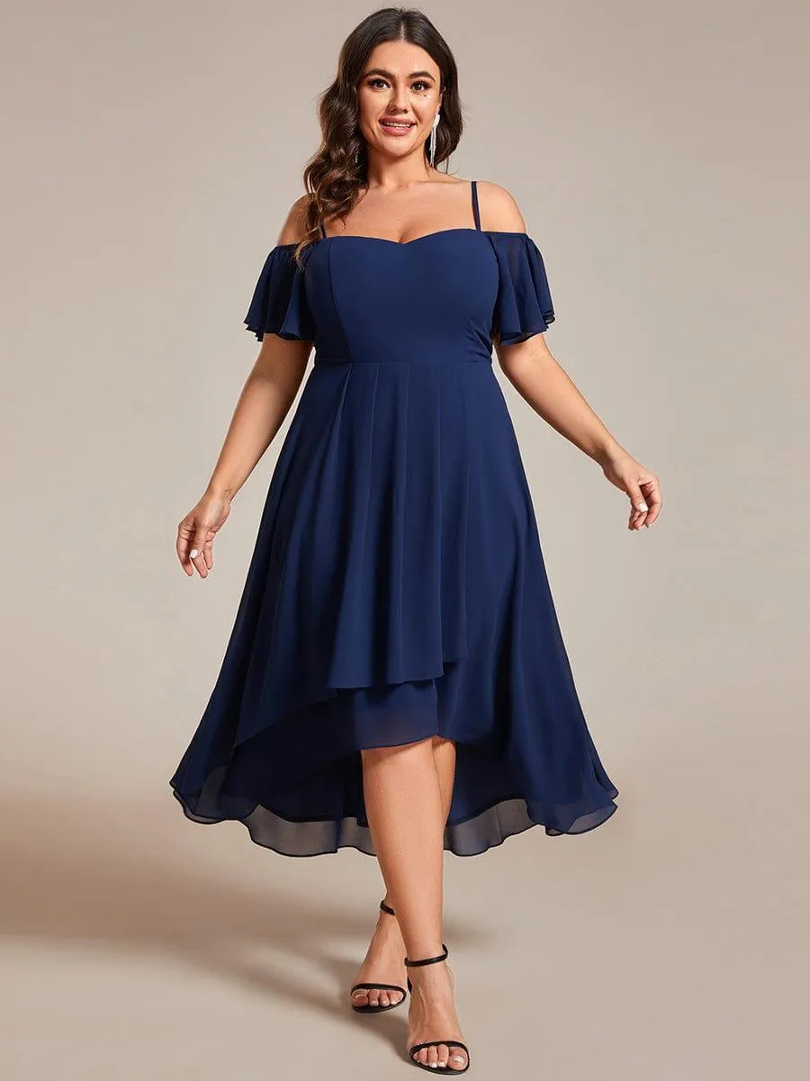 Robes d'invitées de mariage en mousseline de soie  grande taille  épaules dénudées  hautes et basses manches courtes