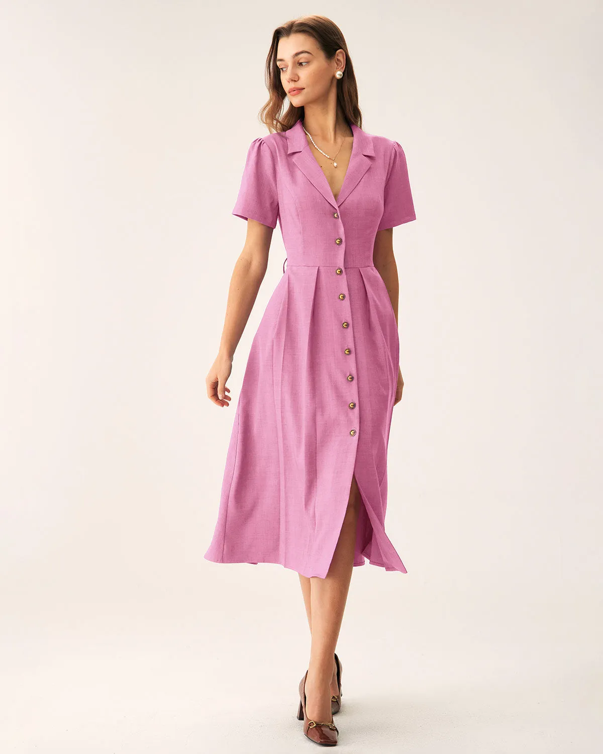 Rose Red V-Neck Button Midi Dress