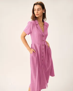 Rose Red V-Neck Button Midi Dress