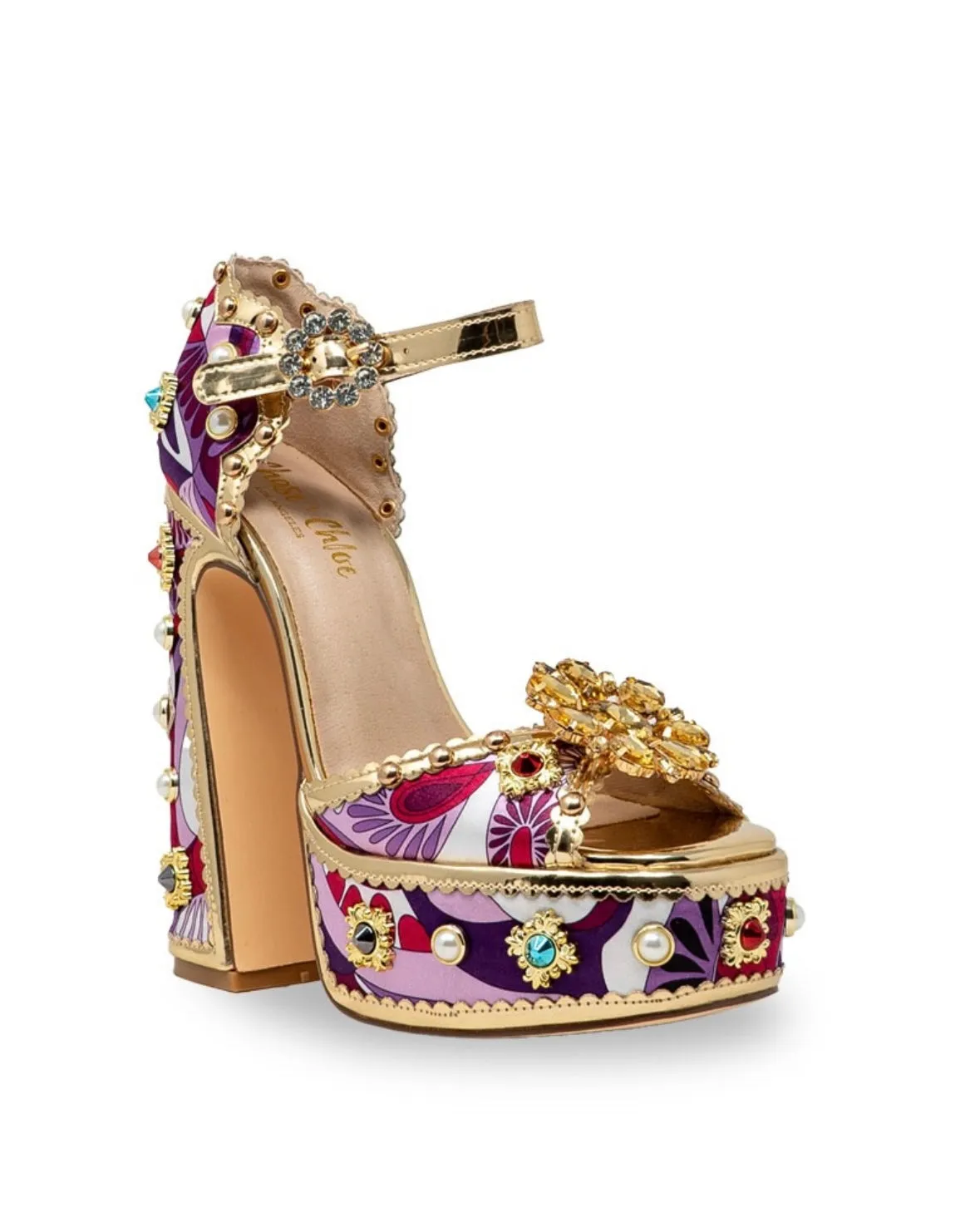 ROYAL-1  Purple Gold Platform Heel Multi Print Satin and Gold Faux Leather Trim