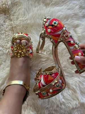 ROYAL-1  Red Gold Platform Heel Multi Print Satin and Gold Faux Leather Trim
