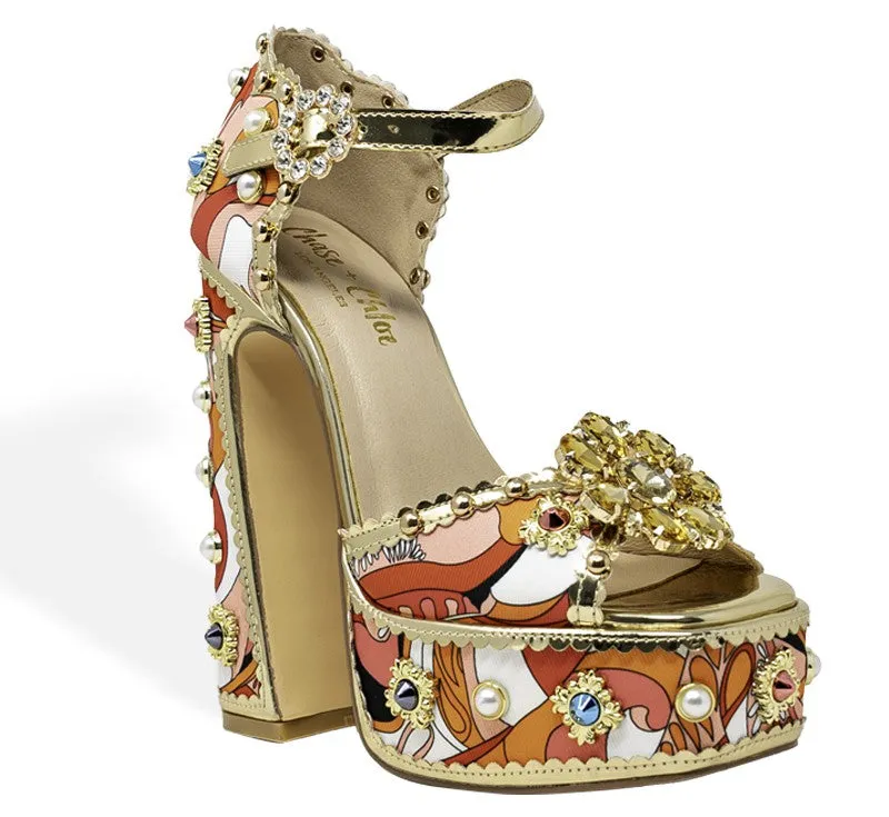 ROYAL-1  Red Gold Platform Heel Multi Print Satin and Gold Faux Leather Trim