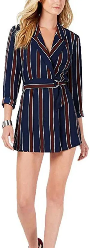 Rules of Etiquette Living Doll Striped Belted Romper (Blue Red White, M)