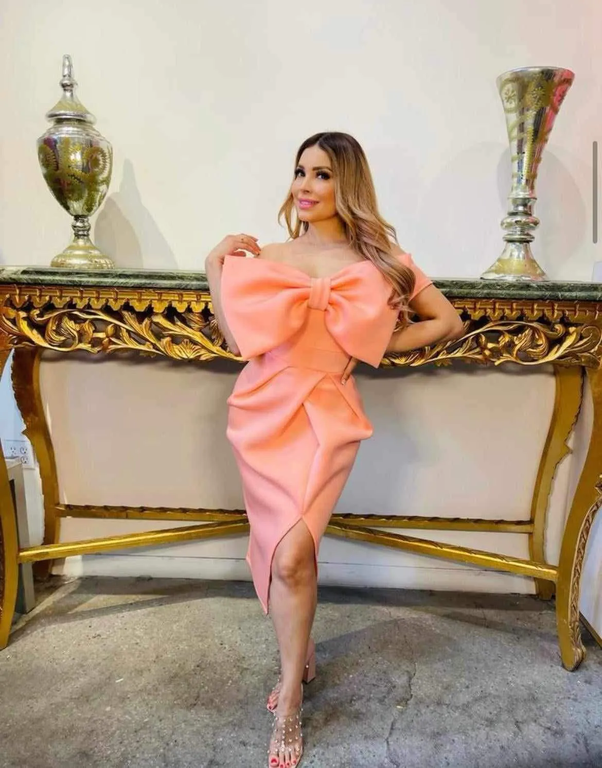 Safa Bow Midi Dress -Peach