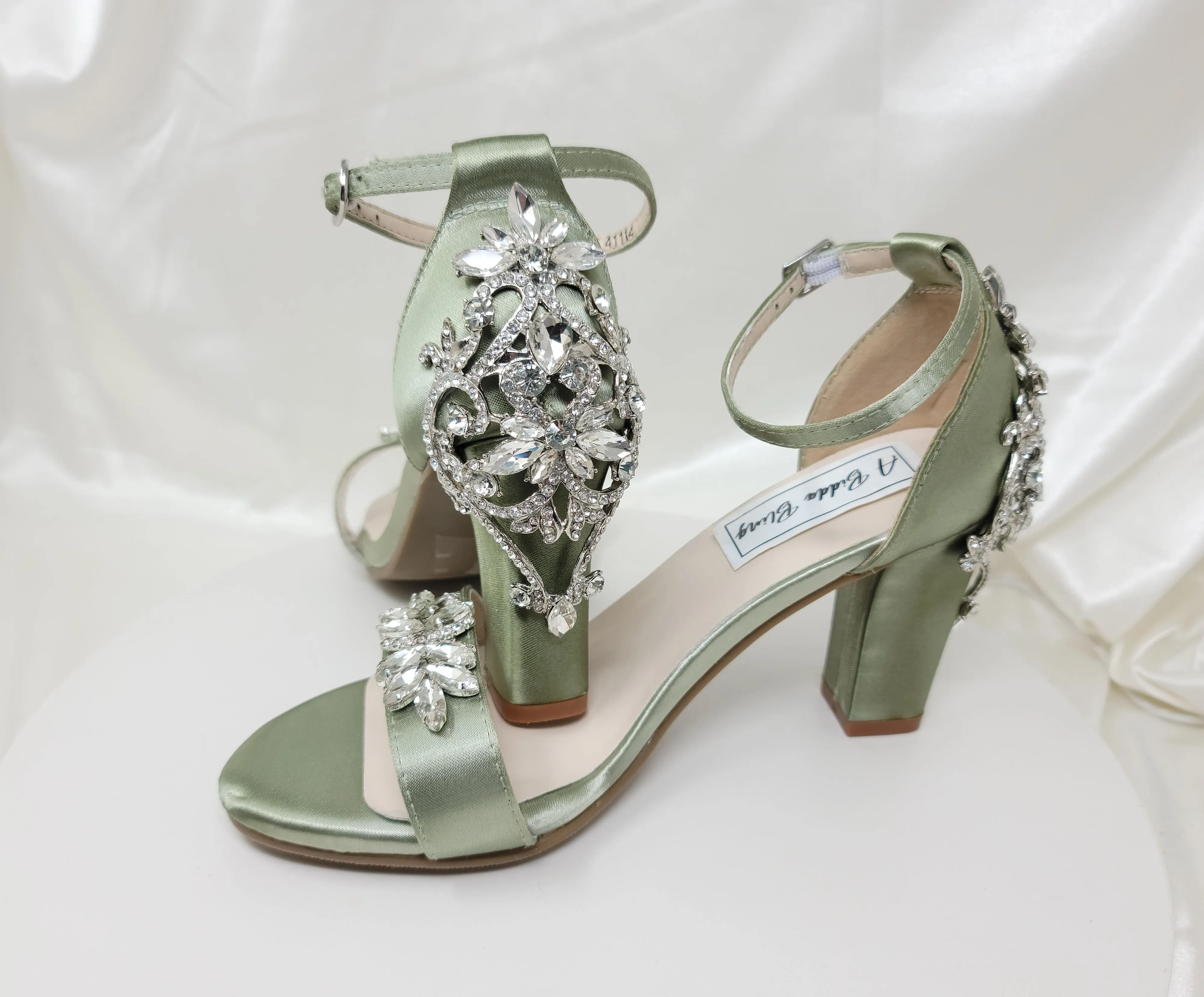 Sage Green Wedding Shoes with Block Heel and Crystal Front and Back Design