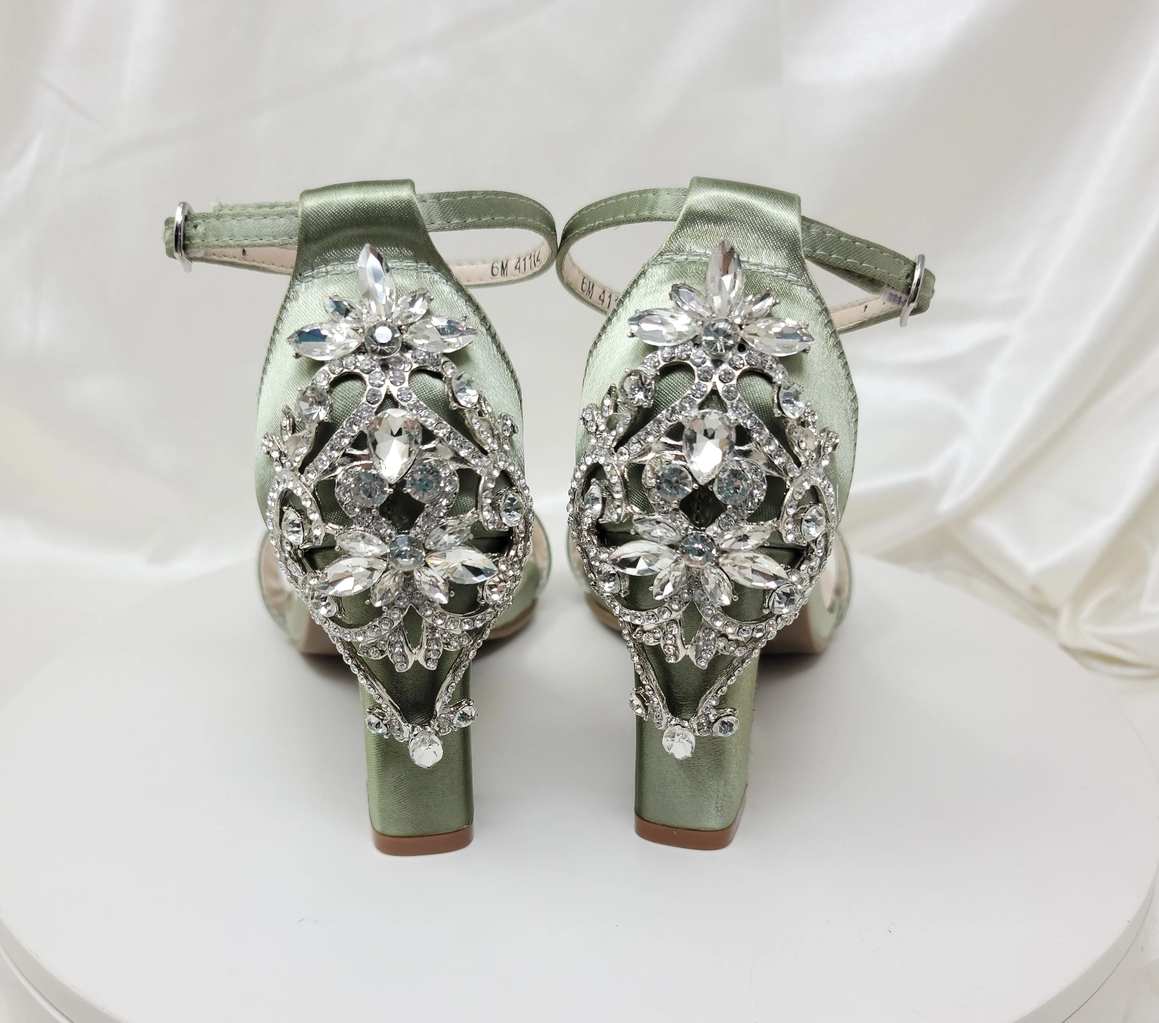 Sage Green Wedding Shoes with Block Heel and Crystal Front and Back Design