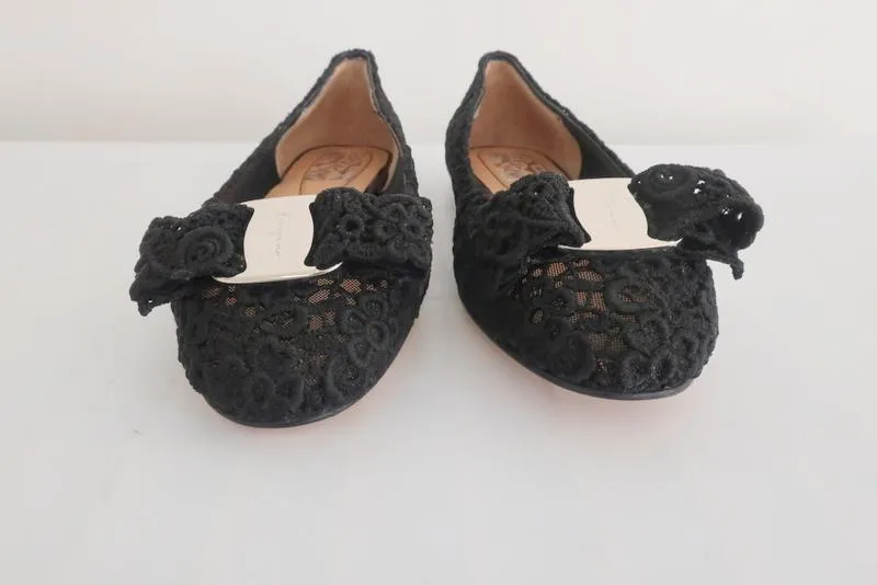 Salvatore Ferragamo Bombay Lace Ballet Flats Black Size 5 C NEW