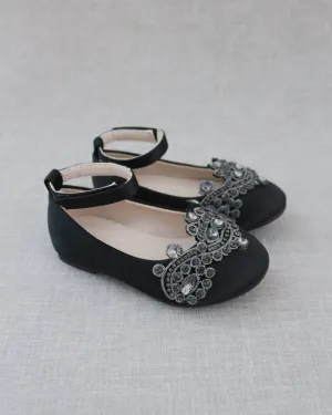 Satin Ballet Flats with Small Rhinestones Applique