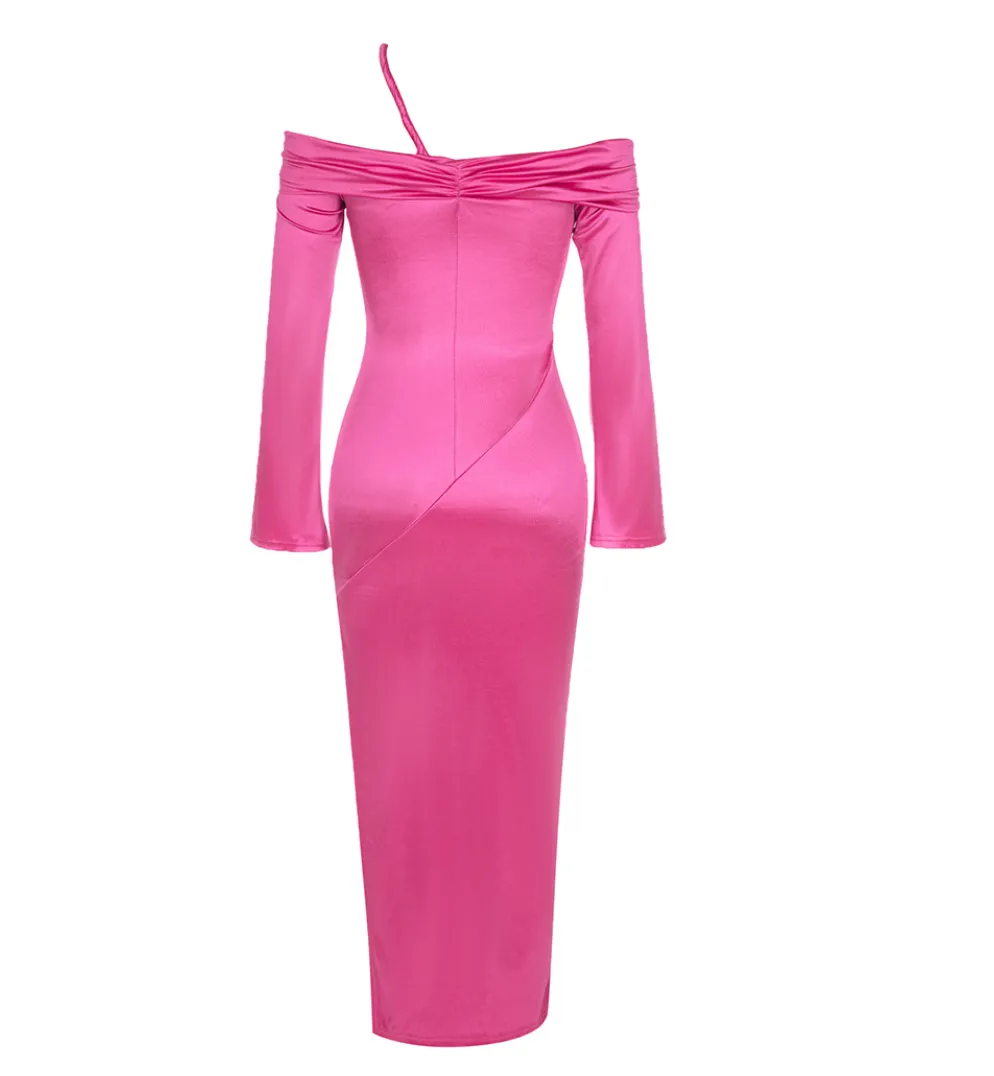 Satin Off Shoulder Cross Strap Midi Dress