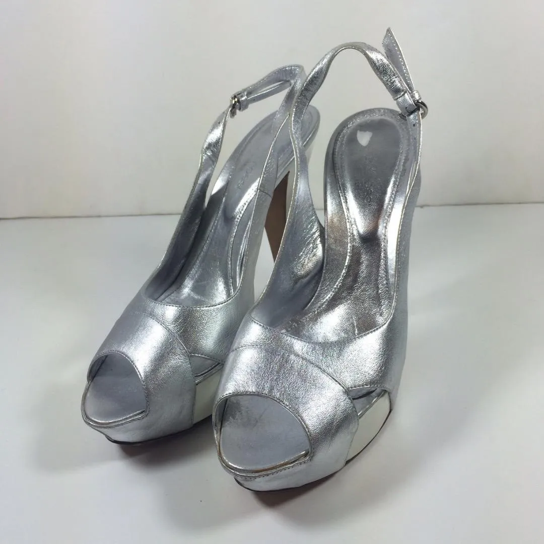 SERGIO ROSSI Silver Leather Peep Toe Slingbacks with White Heel Size 8 1/2