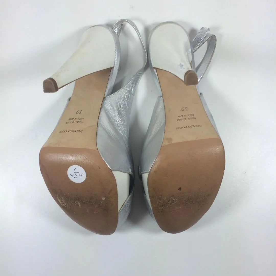 SERGIO ROSSI Silver Leather Peep Toe Slingbacks with White Heel Size 8 1/2