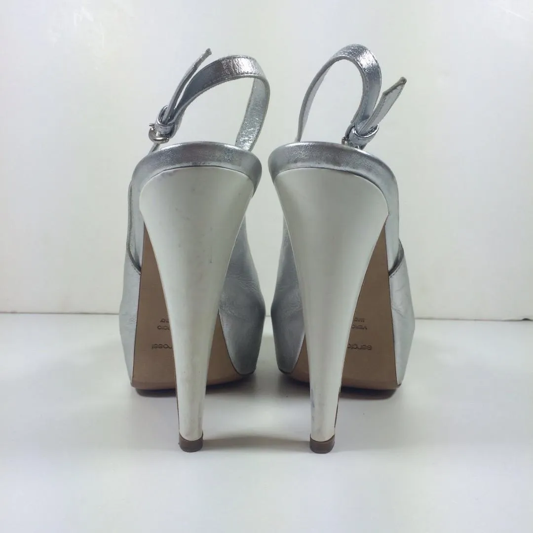 SERGIO ROSSI Silver Leather Peep Toe Slingbacks with White Heel Size 8 1/2