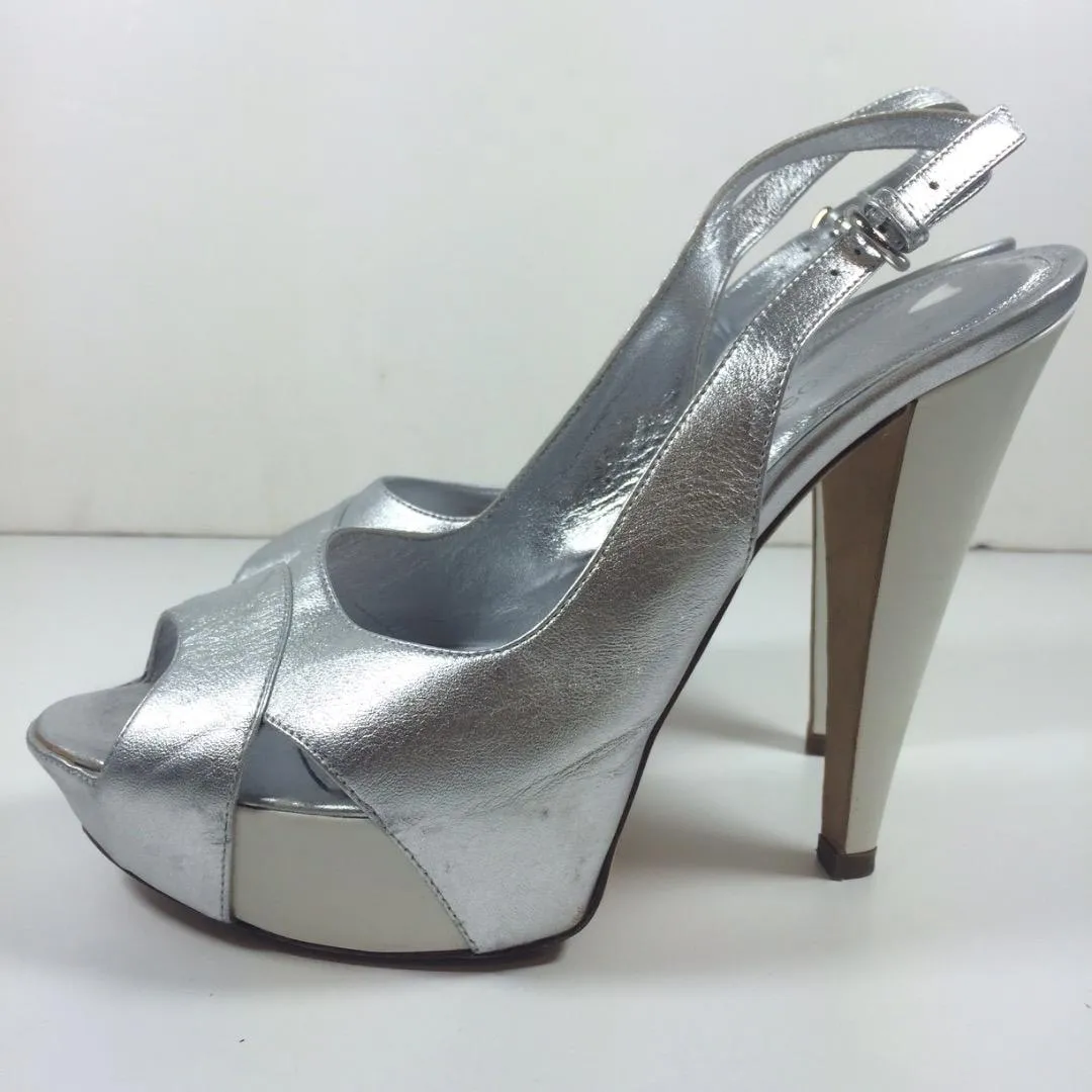 SERGIO ROSSI Silver Leather Peep Toe Slingbacks with White Heel Size 8 1/2