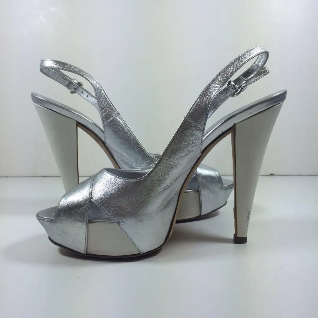 SERGIO ROSSI Silver Leather Peep Toe Slingbacks with White Heel Size 8 1/2