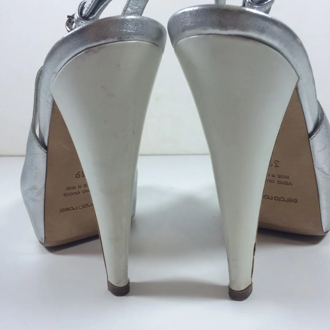 SERGIO ROSSI Silver Leather Peep Toe Slingbacks with White Heel Size 8 1/2