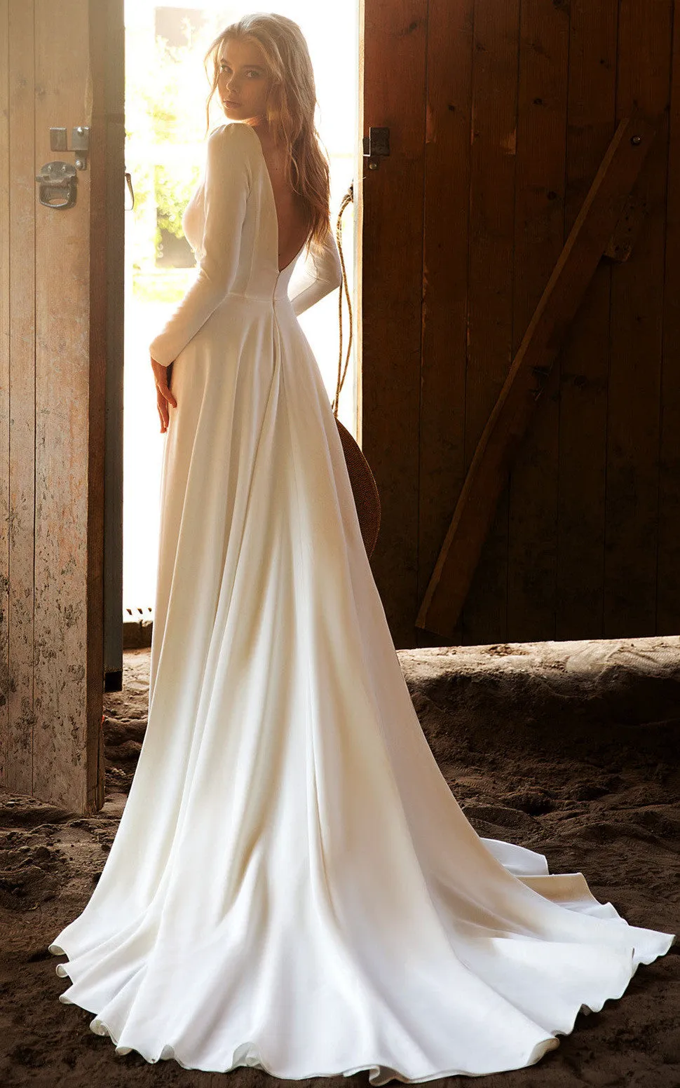 Sexy A Line Plunging Neckline Satin Brush Train Wedding Dress-716075