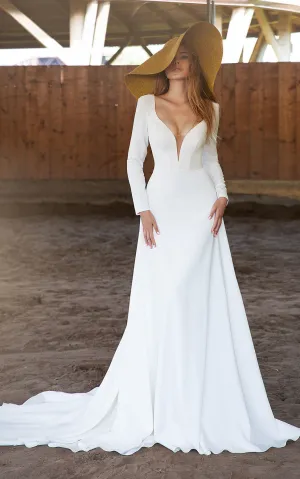 Sexy A Line Plunging Neckline Satin Brush Train Wedding Dress-716075