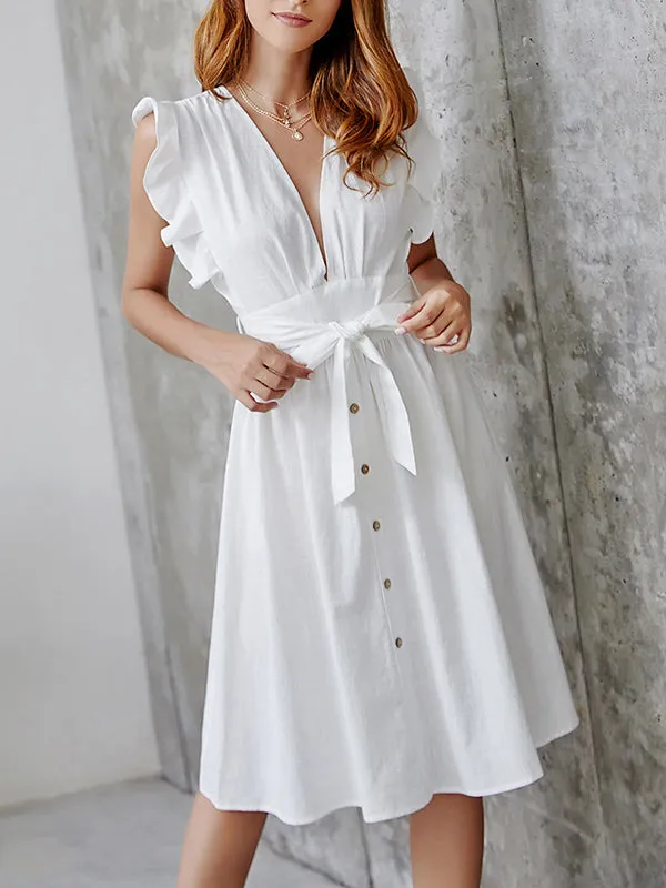 Sexy Deep V-breasted Cotton and Linen Long Skirt Solid Color Dress