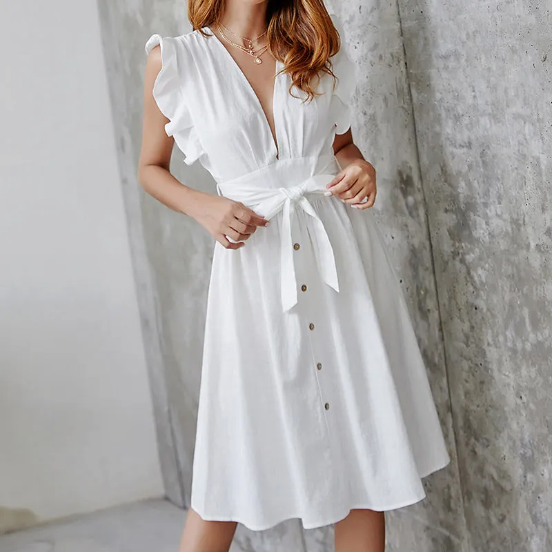 Sexy Deep V-breasted Cotton and Linen Long Skirt Solid Color Dress
