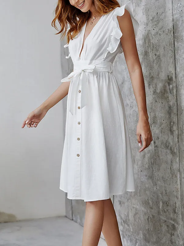 Sexy Deep V-breasted Cotton and Linen Long Skirt Solid Color Dress