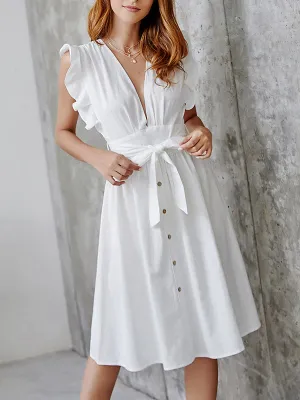 Sexy Deep V-breasted Cotton and Linen Long Skirt Solid Color Dress