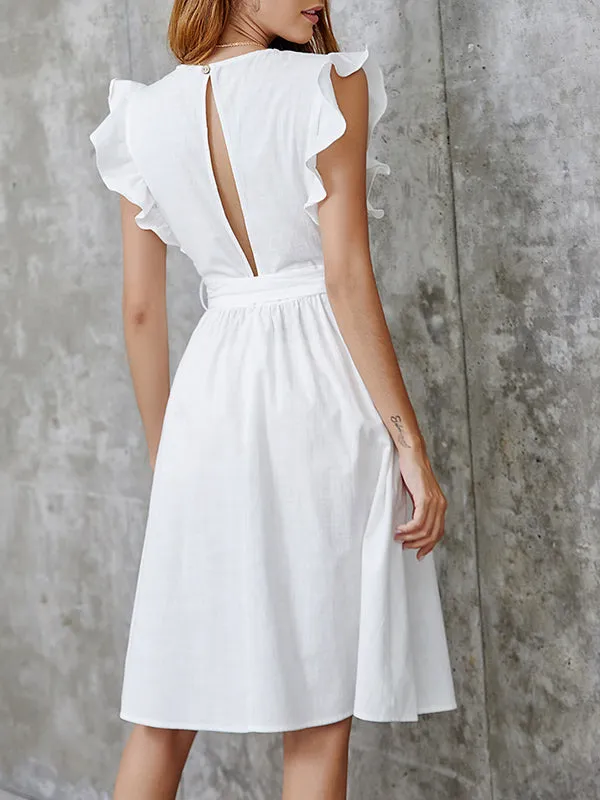 Sexy Deep V-breasted Cotton and Linen Long Skirt Solid Color Dress
