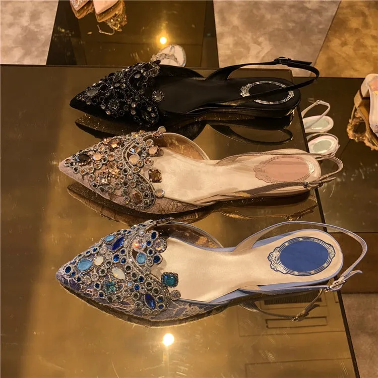 Sexy Pointed Toe Summer Shoes Woman Bling Crystal Designer Sandals Women Flat Wedding Shoes Buckle Strap Gladiator Sandalias