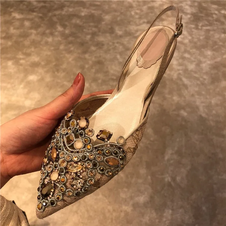 Sexy Pointed Toe Summer Shoes Woman Bling Crystal Designer Sandals Women Flat Wedding Shoes Buckle Strap Gladiator Sandalias