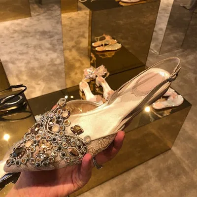 Sexy Pointed Toe Summer Shoes Woman Bling Crystal Designer Sandals Women Flat Wedding Shoes Buckle Strap Gladiator Sandalias