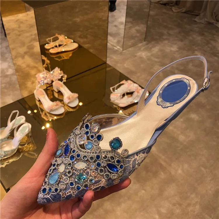 Sexy Pointed Toe Summer Shoes Woman Bling Crystal Designer Sandals Women Flat Wedding Shoes Buckle Strap Gladiator Sandalias