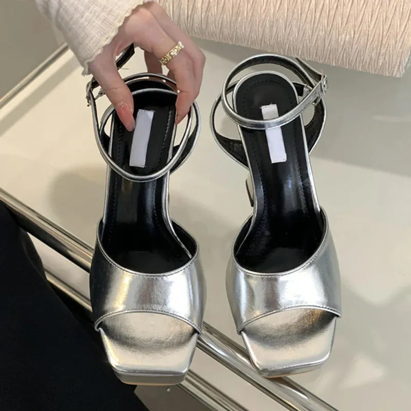 Sexy Silver Ankle Strap Sandals Women Summer Fashion Open Toe Platform High Heels