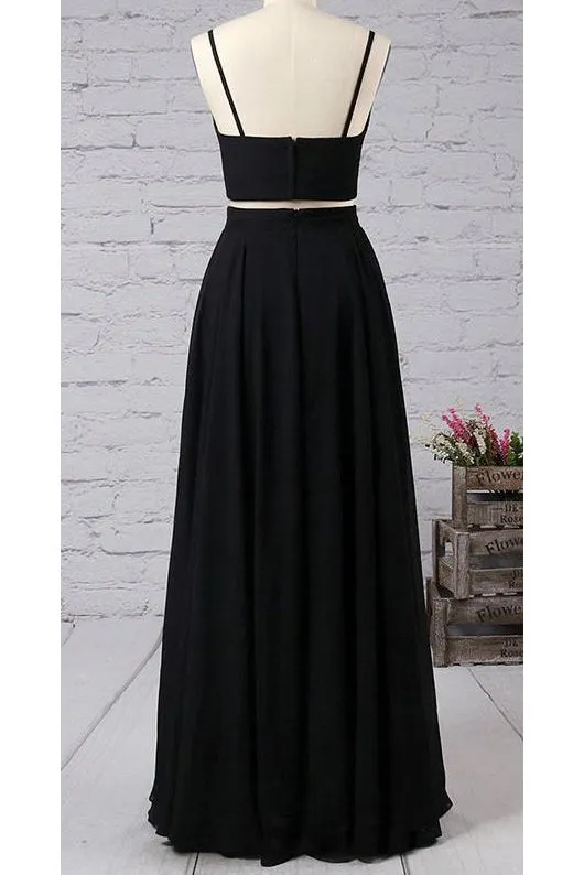 Sexy Two Piece Spaghetti Straps Floor Length Sleeveless Black Long Chiffon Prom Dress OHC196