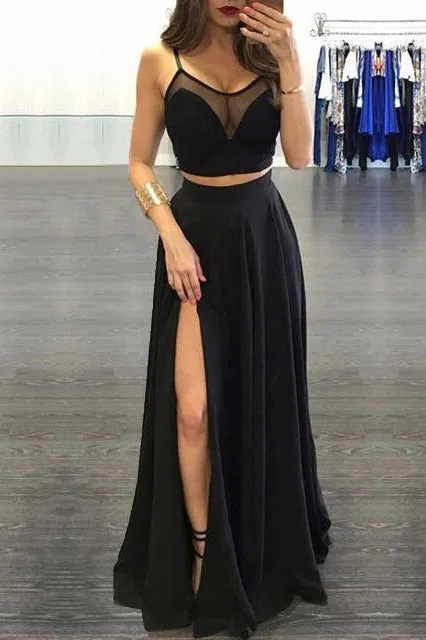 Sexy Two Piece Spaghetti Straps Floor Length Sleeveless Black Long Chiffon Prom Dress OHC196