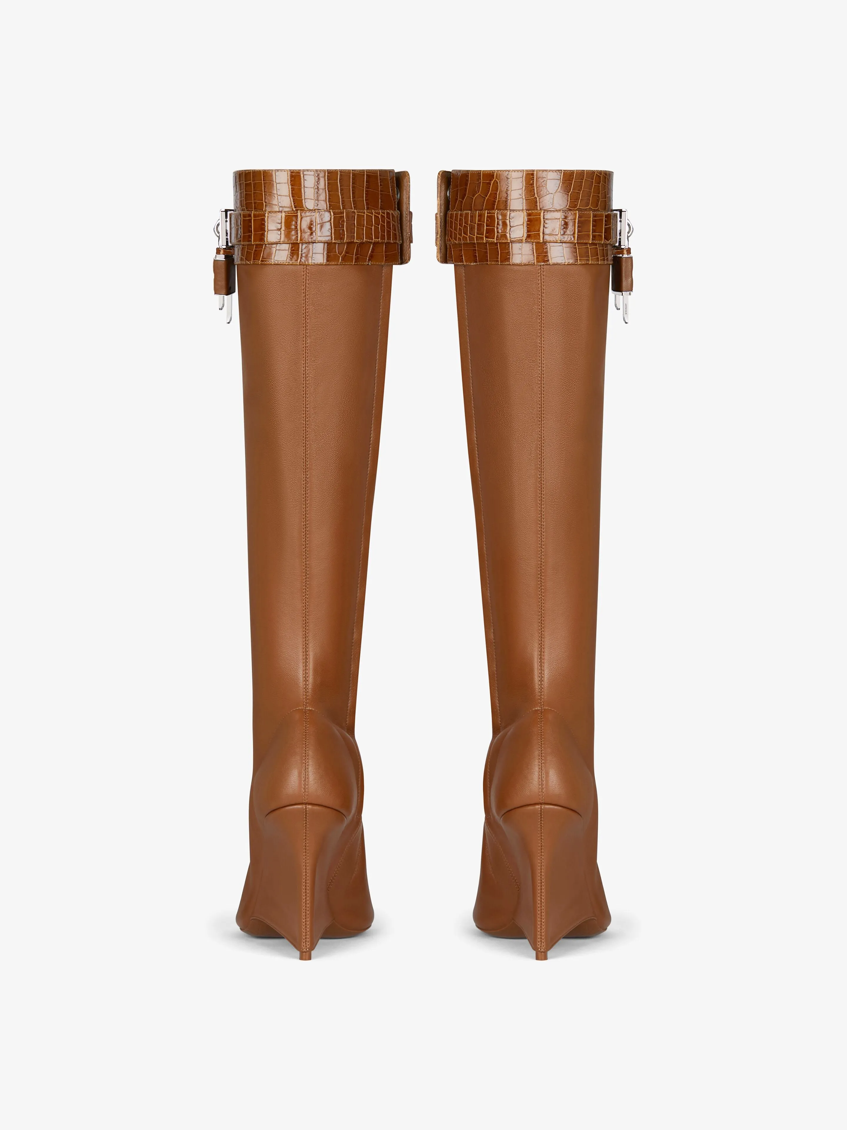 Shark Lock Stiletto Sandal Boots In Leather