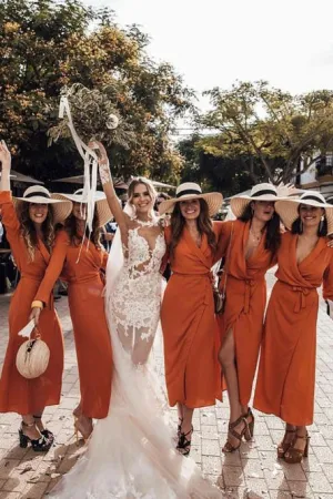 Sheath V-Neck Long Sleeves Ankle-Length Bridesmaid Dress with Split Sash OHS088